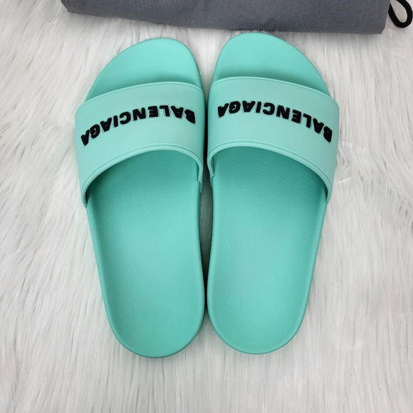 NIB BALENCIAGA Mint and Black Pool Slide Sandal Slippers Size 37 - Picture 5 of 8